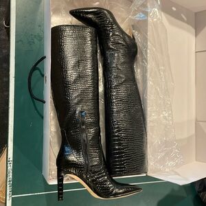 Nine West Wevah knee high black 3.25” heel snake embossed  leather boots 7.5